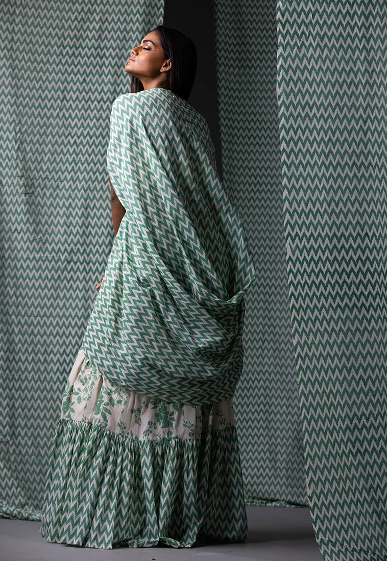 Green & Off White Printed Lehenga Set