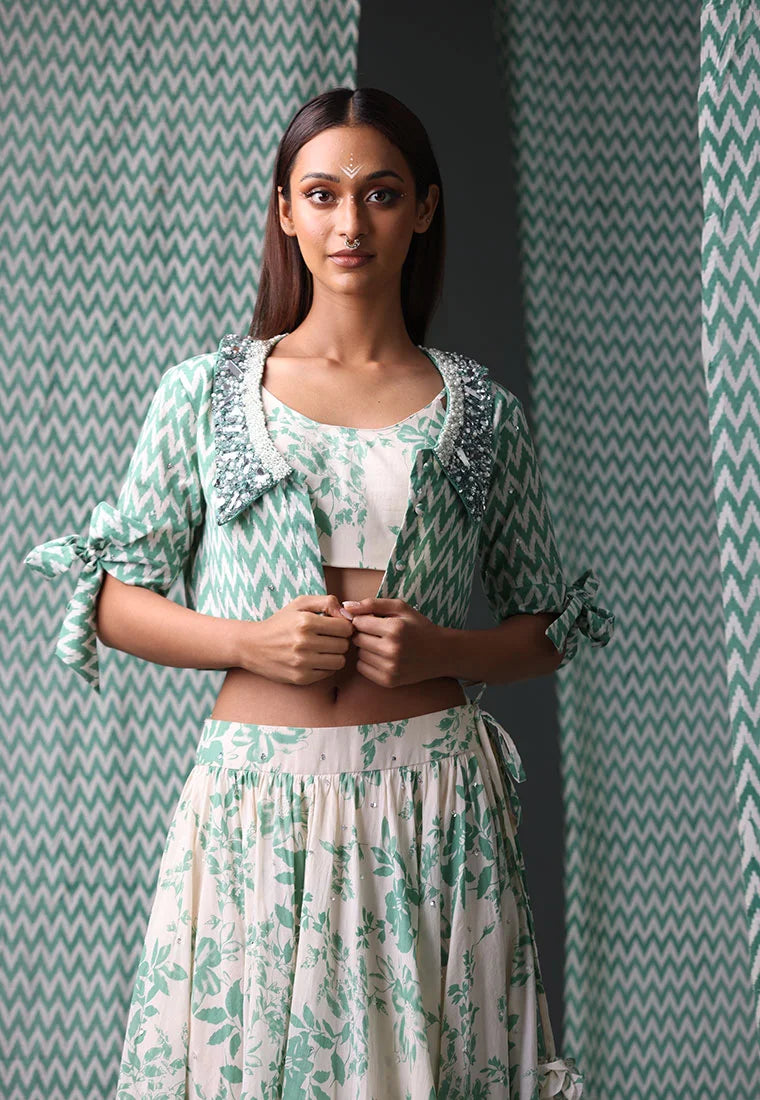 Green & Off White Lehenga Set With Print