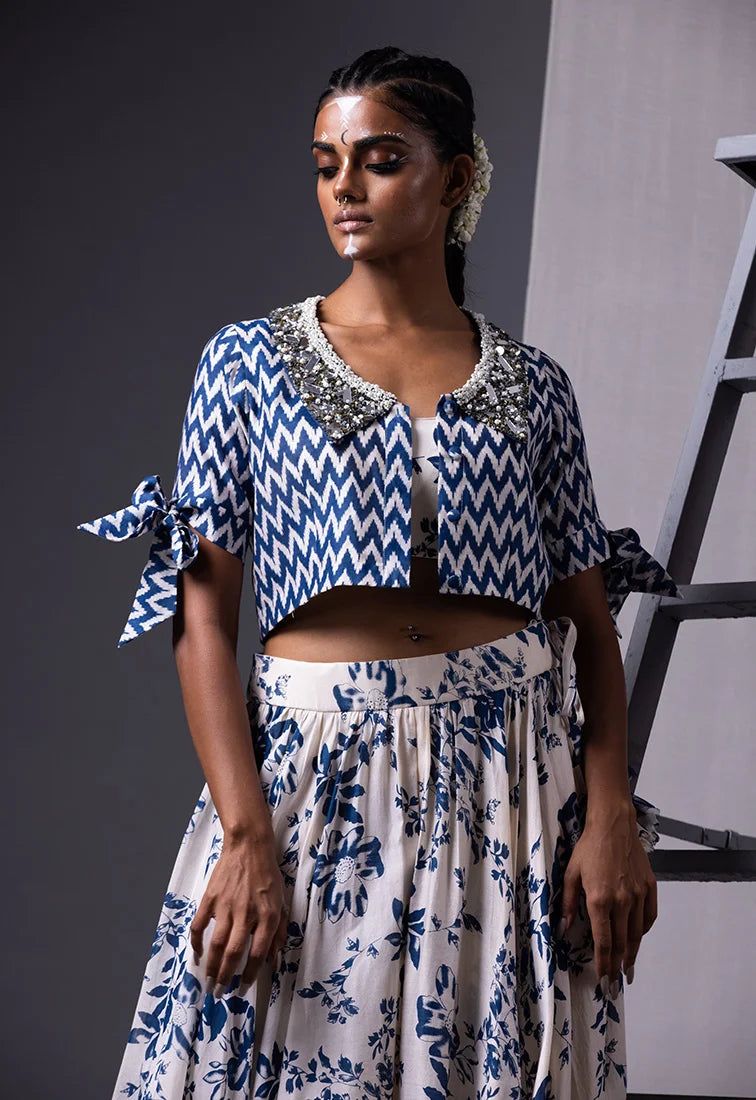 Blue & Off White Printed Lehenga Set