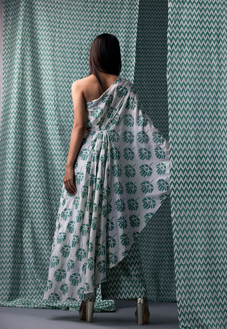 Green Printed One Shoulder Cape Set