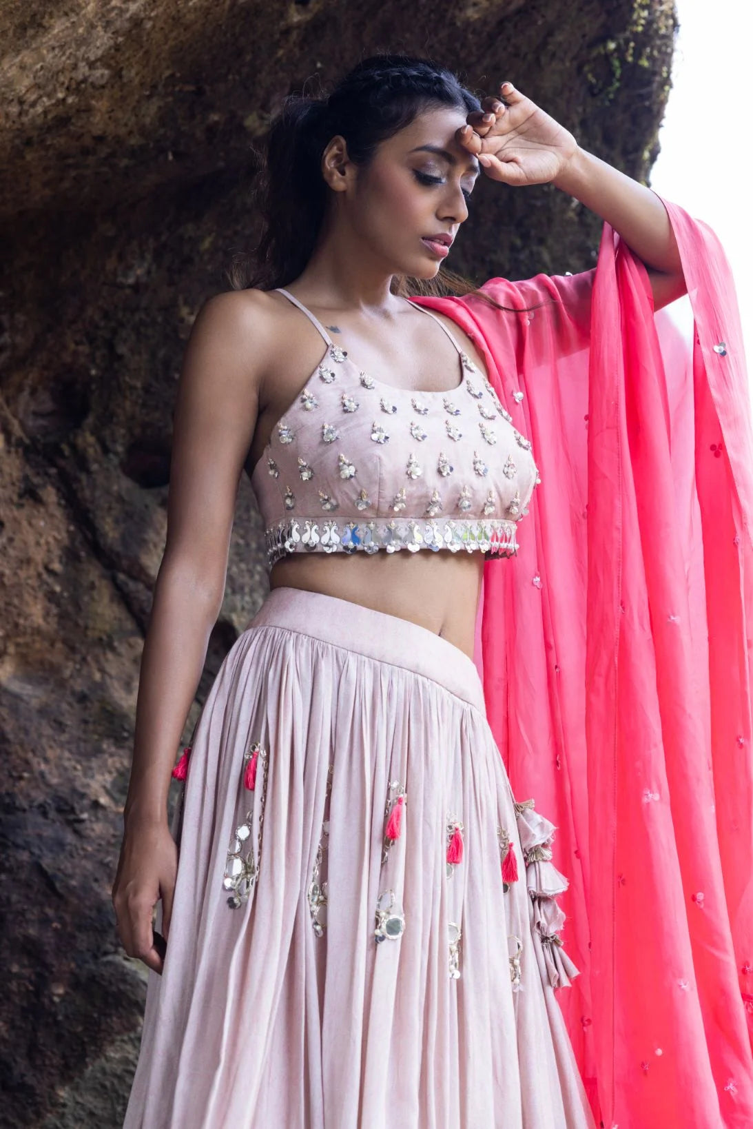 Cross back blouse with skirt and frill Dupatta